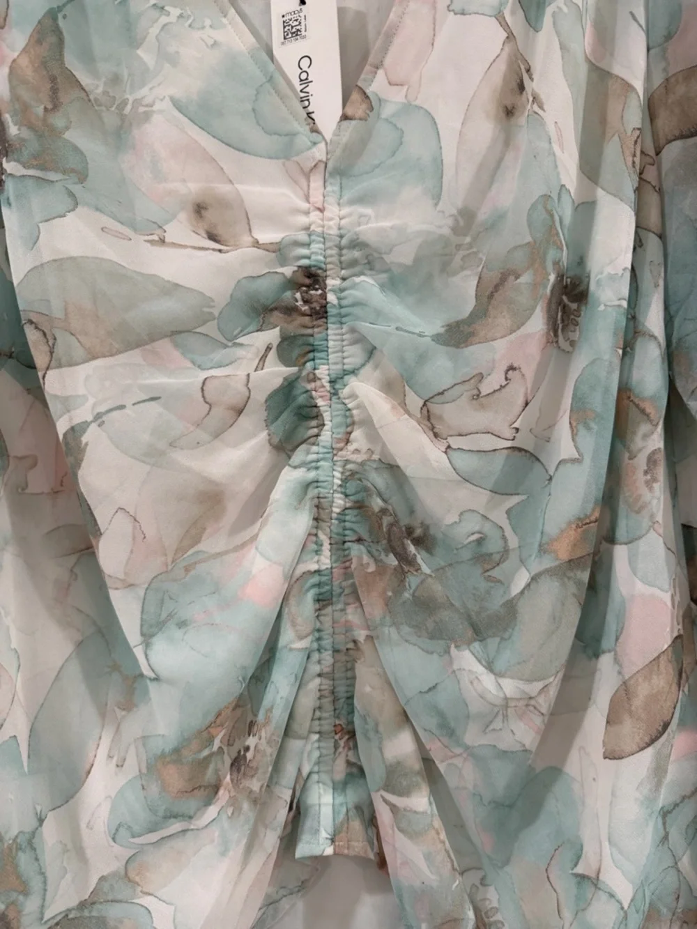 Calvin Klein Sheer Aqua Floral Ruched V-Neck Blouse - Picture 2 of 7